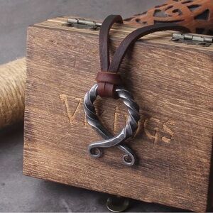 Men's Brown Leather Necklace with Twisted Metal Pendant